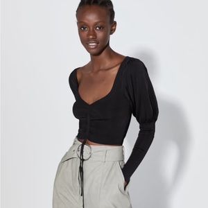 Zara Puff Shoulder Sleeve Knit Top Crop Black Size Medium **FLAW**